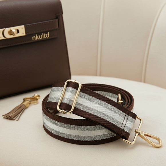 Trendy Adjustable Brown Silver Stripe Bag Replacement Strap Golden Hardware - Picture 9 of 9